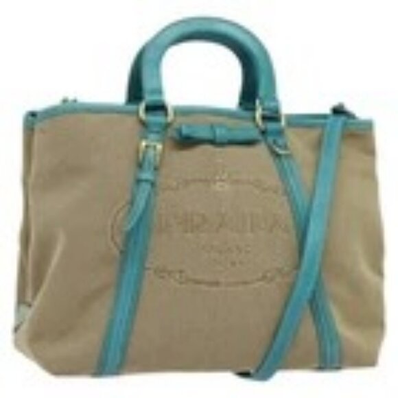 PRADA Hand Bag Canvas 2way Beige Gold Auth 138843 - Picture 1 of 16